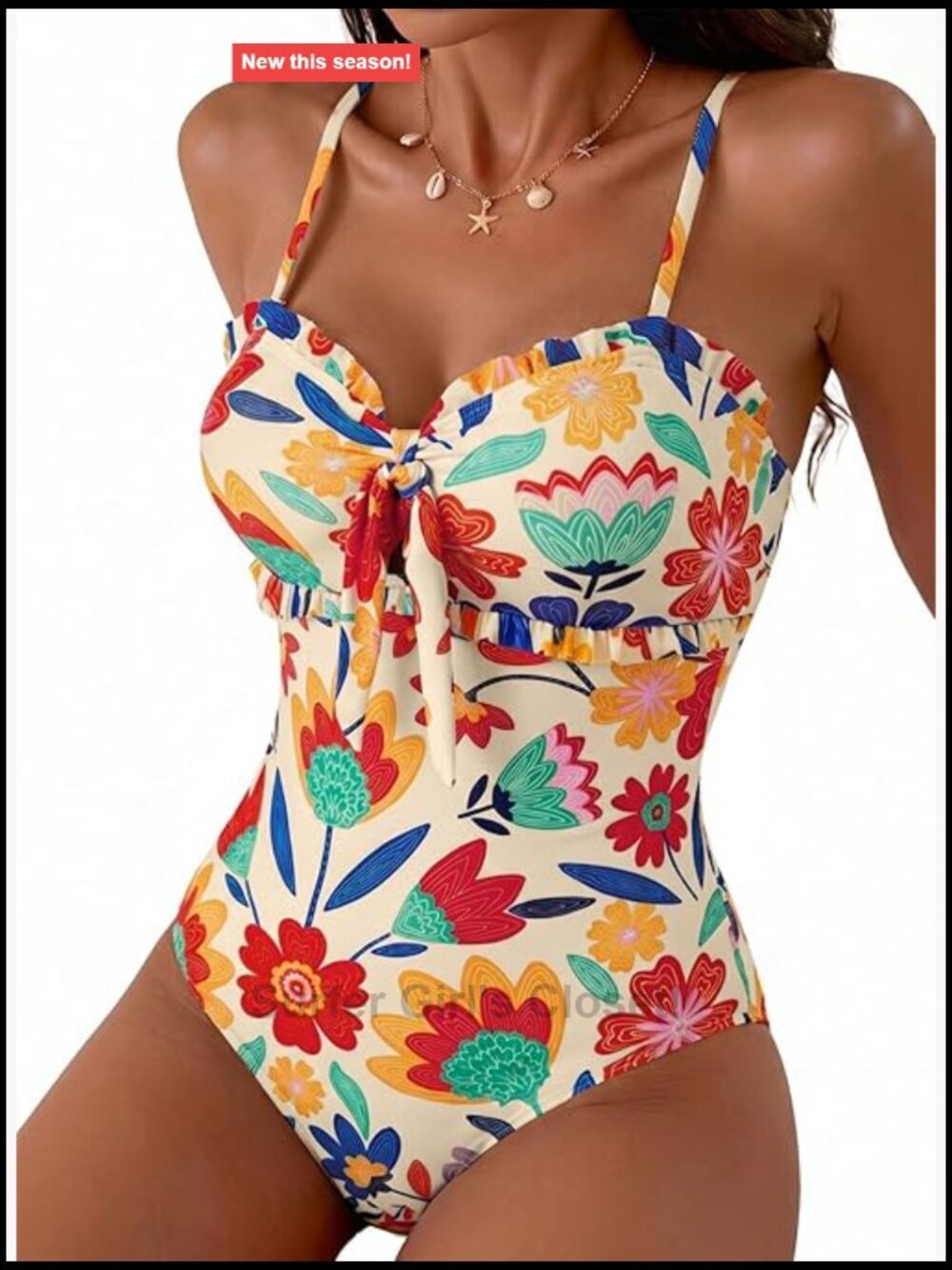 Tummy Control One Piece Swimsuit with Knotted Front and Ruffle Trim